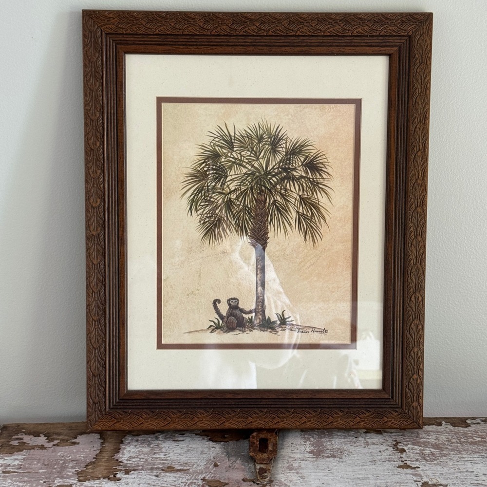Dianne Krumel Signed Monkey Palm Tree Art Print Carved Wood Frame Coastal